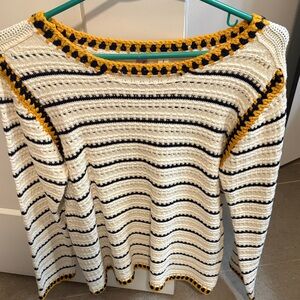 Alya White and Navy Striped Sweater with Mustard Trim